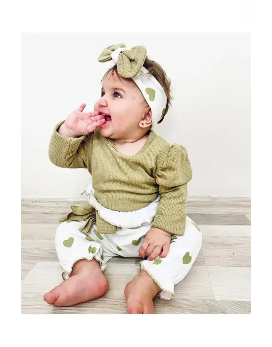 Kalp Baskılı Bandanalı 3lü Lüx Waffle Kız Bebek Takım