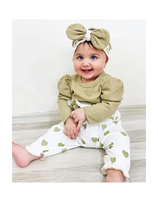 Kalp Baskılı Bandanalı 3lü Lüx Waffle Kız Bebek Takım