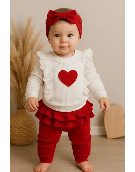 Kalp Baskılı Fırfır Detaylı 3 Parça Kız Bebek Takımı %100 Pamuk