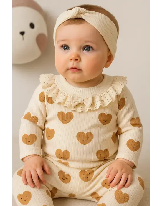 Kalp Baskılı Fisto Yaka 3 Parça Kız Bebek Takımı %100 Pamuk