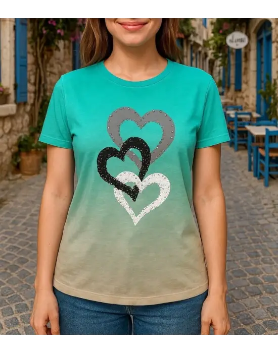 Omarı Kalp Baskılı Kadın Kısa Kollu Bisiklet Yaka Bluz