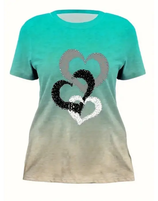 Omarı Kalp Baskılı Kadın Kısa Kollu Bisiklet Yaka Bluz