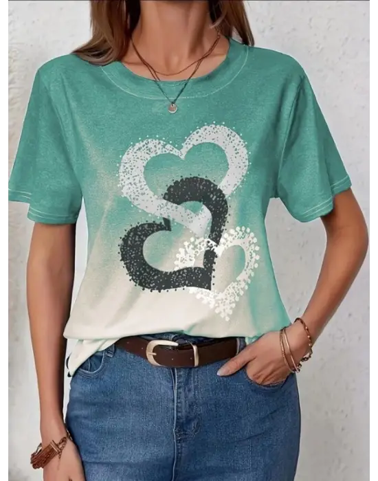 Omarı Kalp Baskılı Kadın Kısa Kollu Bisiklet Yaka Bluz