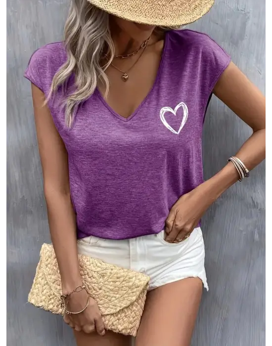 Omarı Kalp Baskılı Viskon Bluz