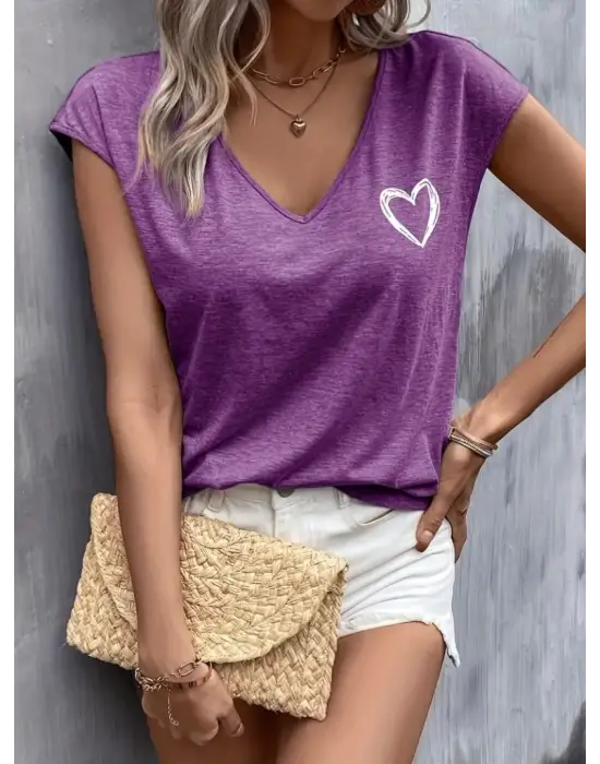 Omarı Kalp Baskılı Viskon Bluz