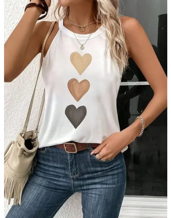 Omarı Omuzlardan Açık Boyundan Askılı Kalp Baskılı Bluz