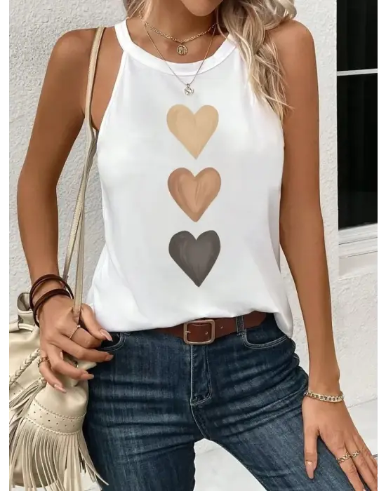 Omarı Omuzlardan Açık Boyundan Askılı Kalp Baskılı Bluz