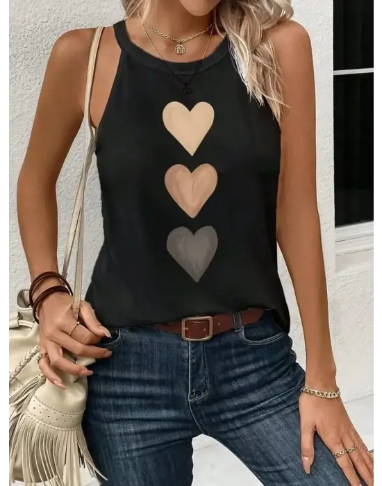 Omarı Kalp Baskılı Omuzdan Açık Viskon Bluz