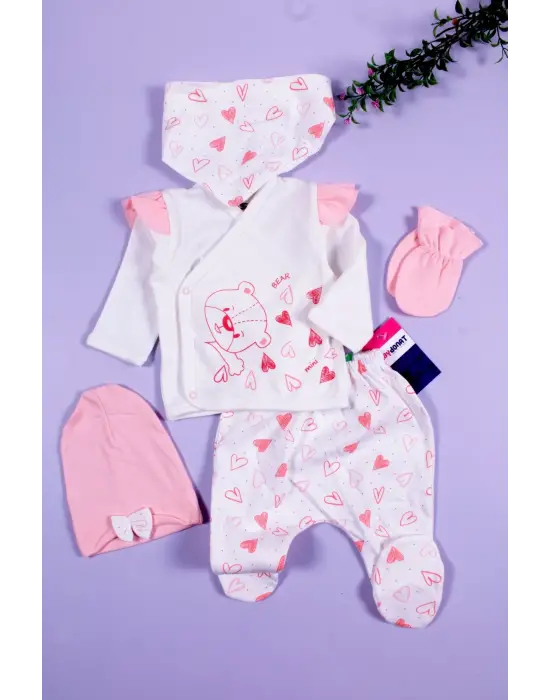 Kalp Desenli 5li Kız Bebek Hastane Çıkış Seti