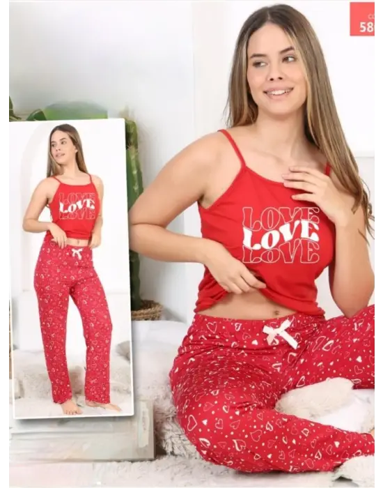 Omarı Romantik İp Askılı Pijama Takımı - Kırmızı Kalp Desenli