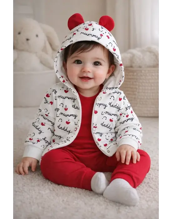 Kalp Desenli Kulaklı 3 Lü Kız Bebek Takımı