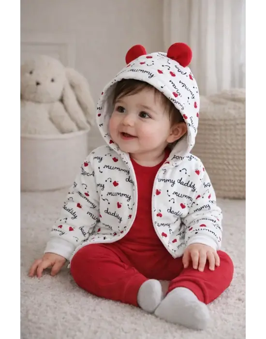 Kalp Desenli Kulaklı 3 Lü Kız Bebek Takımı