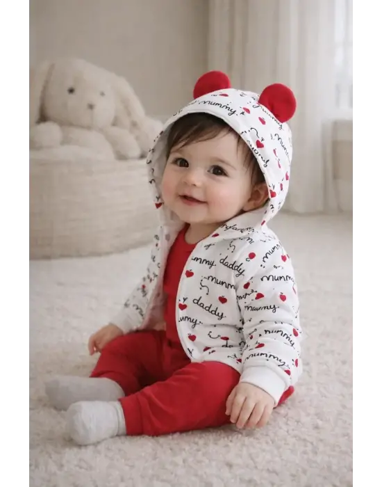 Kalp Desenli Kulaklı 3 Lü Kız Bebek Takımı