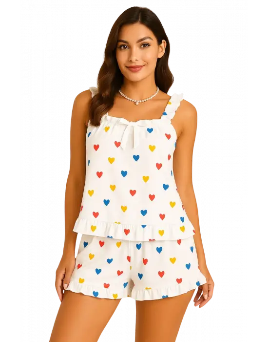 Kalp Desenli Şortlu Pijama Takımı Kadın Giyim