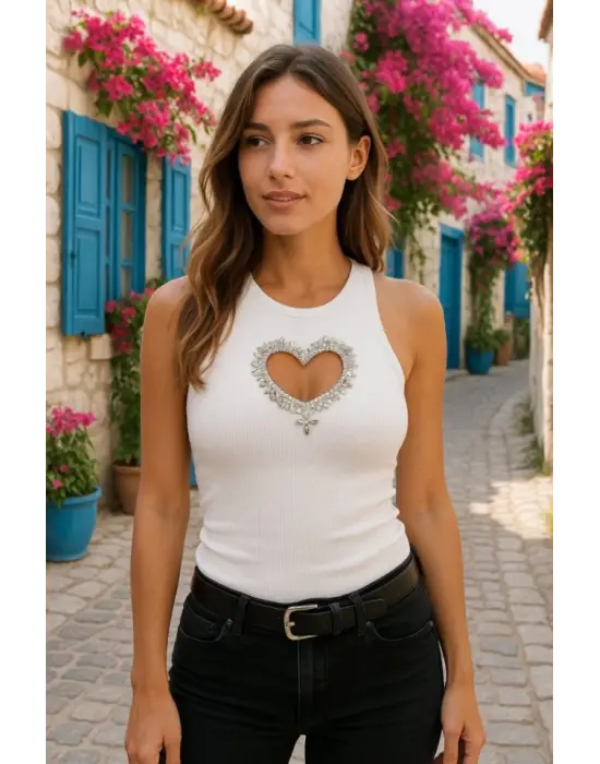 Omarı Taş Detaylı Kalp Dekolteli Bluz