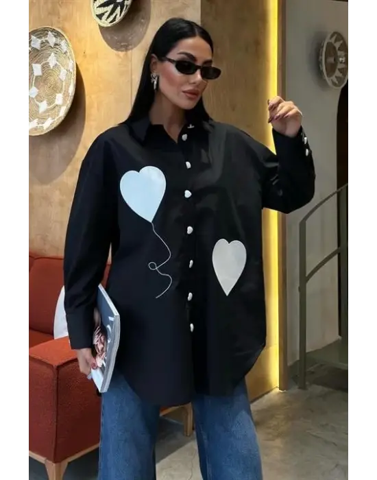 Omarı Kalp Nakışlı Oversize Gömlek