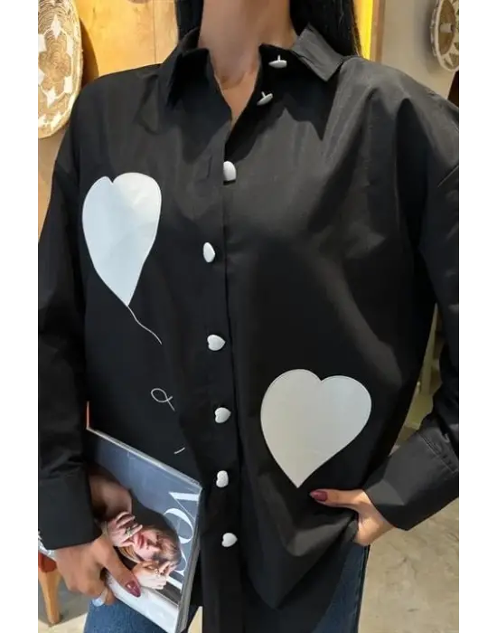 Omarı Kalp Nakışlı Oversize Gömlek