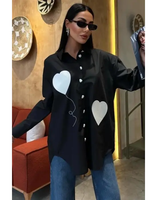 Omarı Kalp Nakışlı Oversize Gömlek