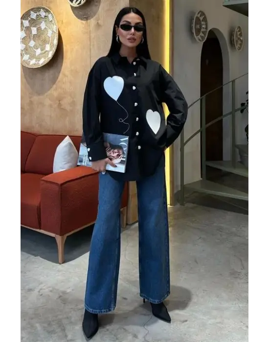 Omarı Kalp Nakışlı Oversize Gömlek