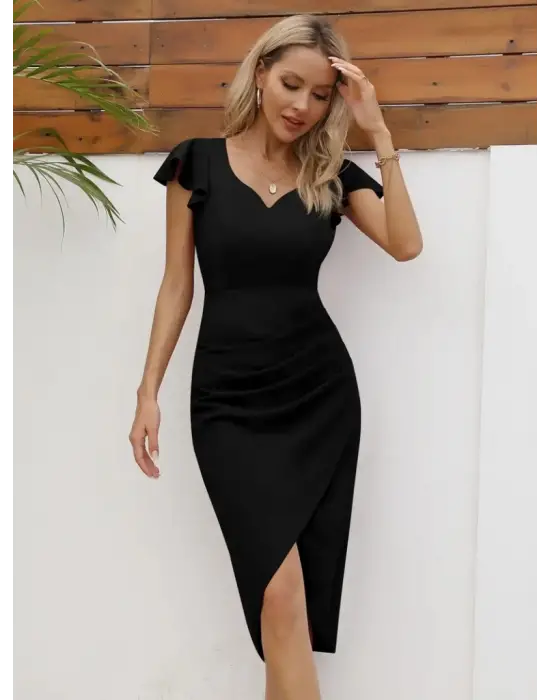 Omarı Kadın Kalp Yaka Detaylı Midi Elbise