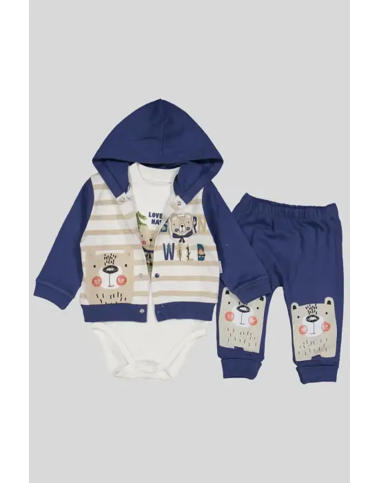 Kamp Desenli Kapüşonlu % 100 Pamuk Erkek Bebek Takımı