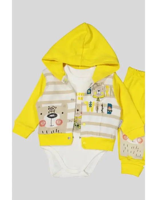 Kamp Desenli Kapüşonlu % 100 Pamuk Erkek Bebek Takımı