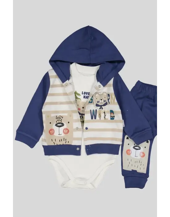 Kamp Desenli Kapüşonlu % 100 Pamuk Erkek Bebek Takımı