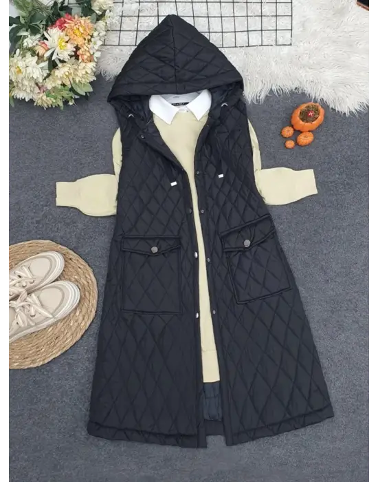 Kapaklı Cepli Kapitone Yelek -Siyah