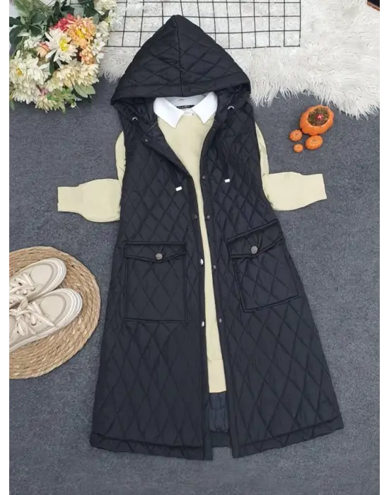 Omarı Şık ve Pratik Kapitone Cepli Yelek - Siyah