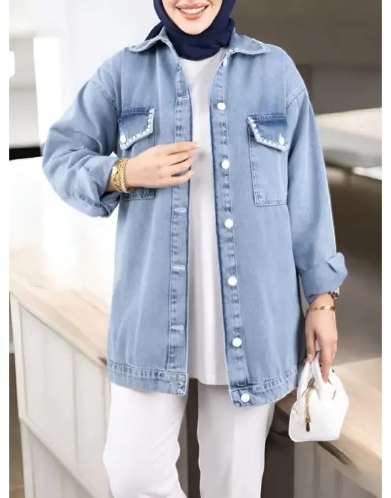 Omarı Şık ve Trend Puntolu Kot Ceket - Buz Mavi