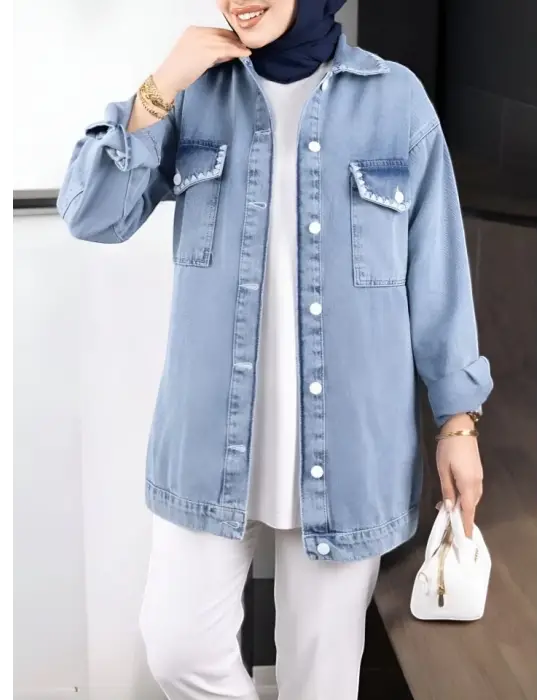 Omarı Şık ve Trend Puntolu Kot Ceket - Buz Mavi