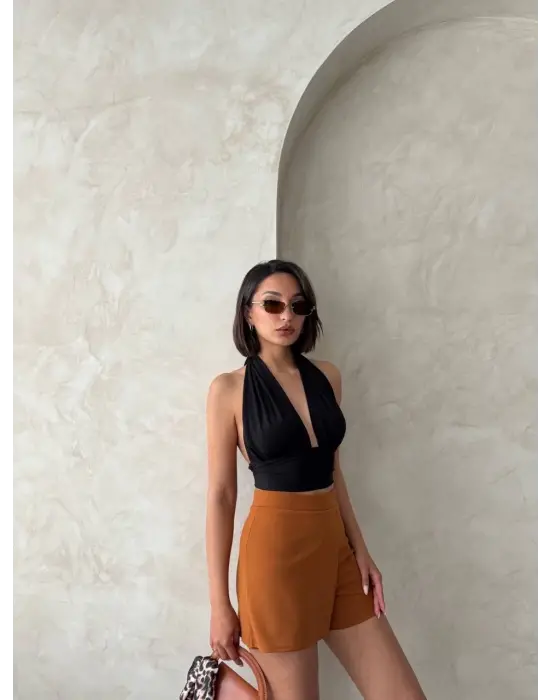 Omarı Rahat ve Şık Kapaklı Şort Etek - Camel S208