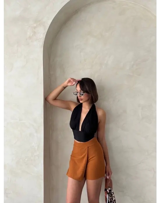 Omarı Rahat ve Şık Kapaklı Şort Etek - Camel S208