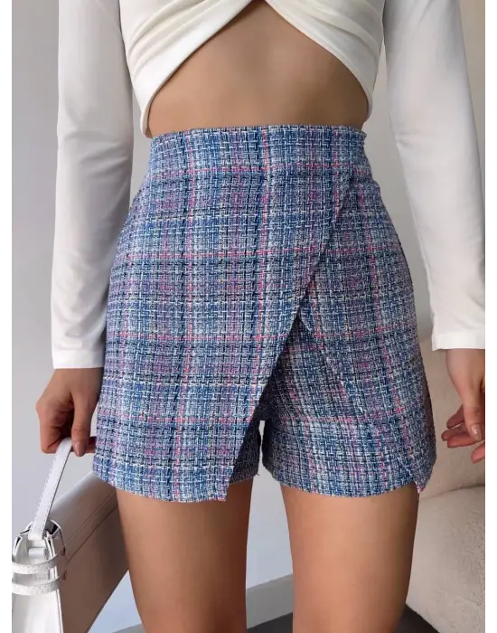 Kapaklı tüvit şort etek mavi