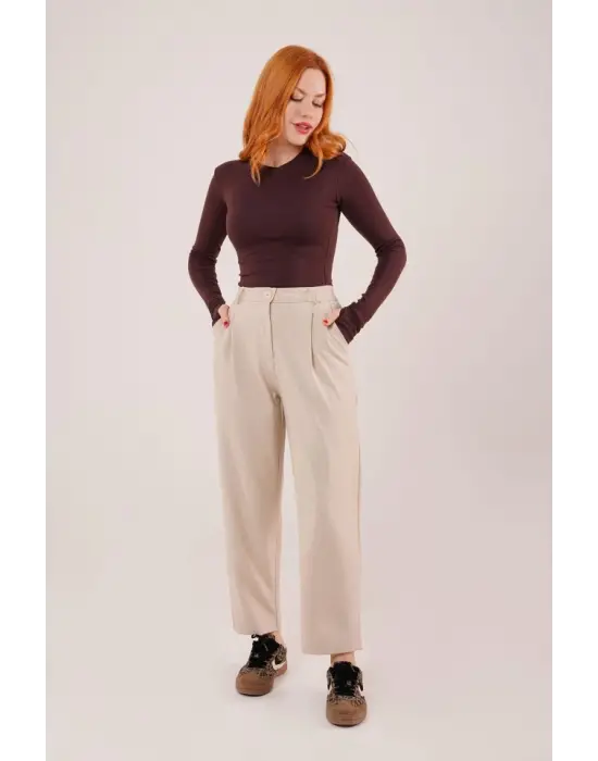 Kapama Cep Detaylı Krem Pantolon