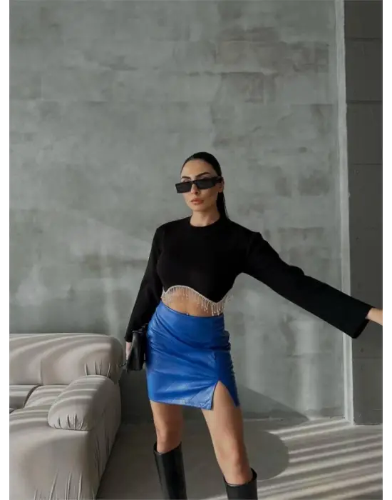 KAPİTONE DERİ ETEK YIRTMAÇLI - Saks