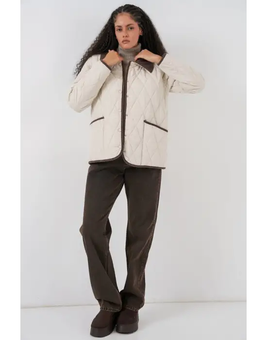 Ekru Kahve Kapitone Oversize Mont Kadın Giyim