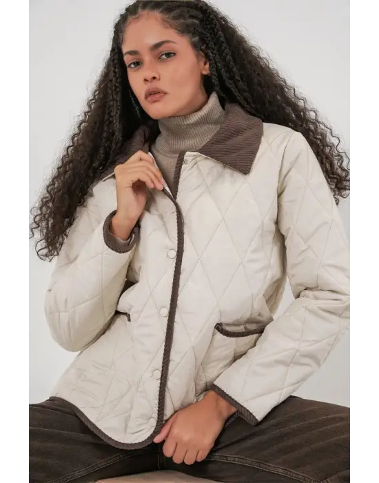 Ekru Kahve Kapitone Oversize Mont Kadın Giyim