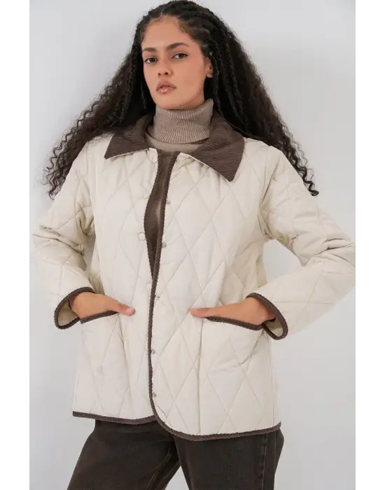 Ekru Kahve Kapitone Oversize Mont Kadın Giyim