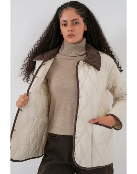 Ekru Kahve Kapitone Oversize Mont Kadın Giyim