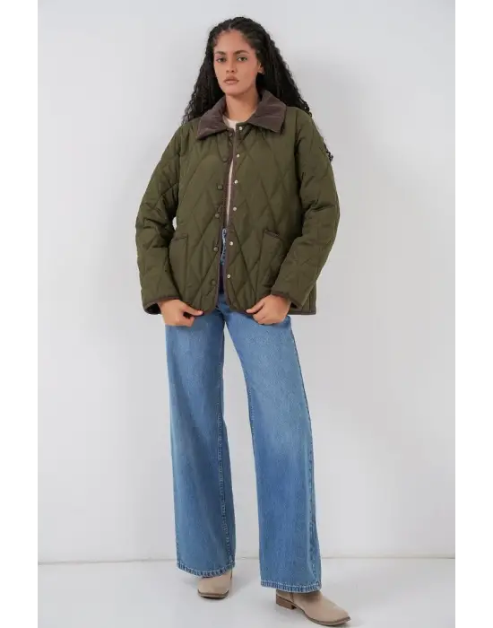 Haki Kahve Kapitone Oversize Mont Kadın Giyim