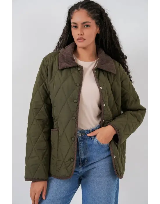 Haki Kahve Kapitone Oversize Mont Kadın Giyim