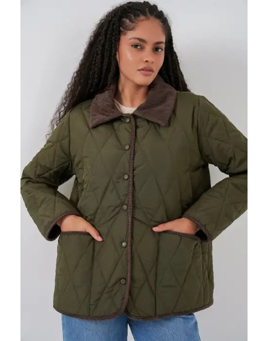 Haki Kahve Kapitone Oversize Mont Kadın Giyim