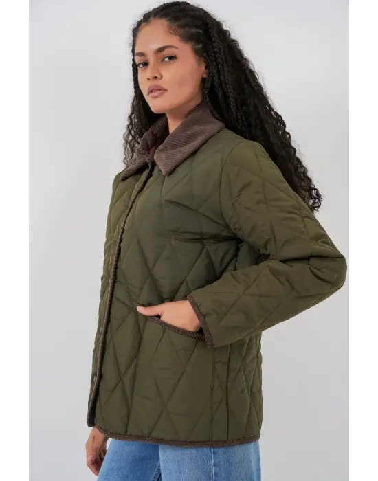 Haki Kahve Kapitone Oversize Mont Kadın Giyim