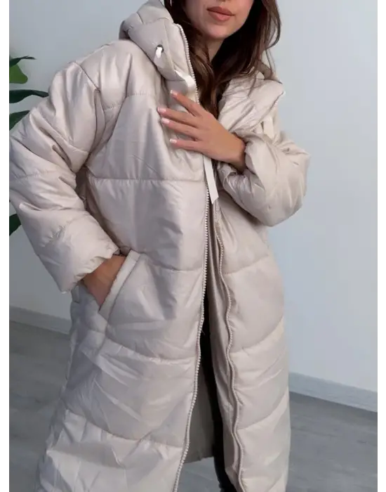 Kapşonlu Bağcık Detaylı Fermuarlı Şişme Mont -Ekru