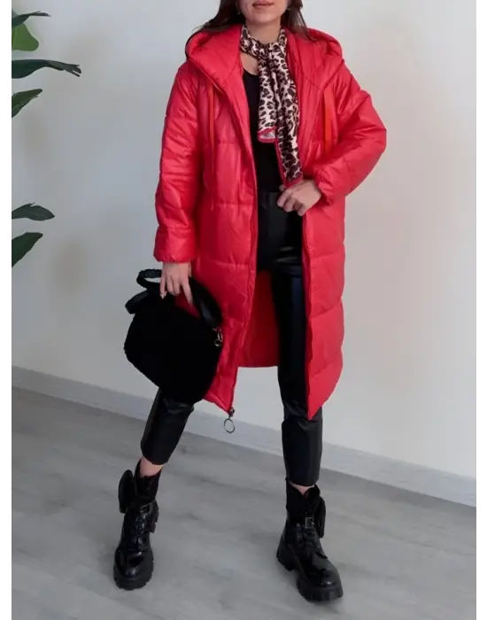 Kapşonlu Bağcık Detaylı Fermuarlı Şişme Mont -Kırmızı
