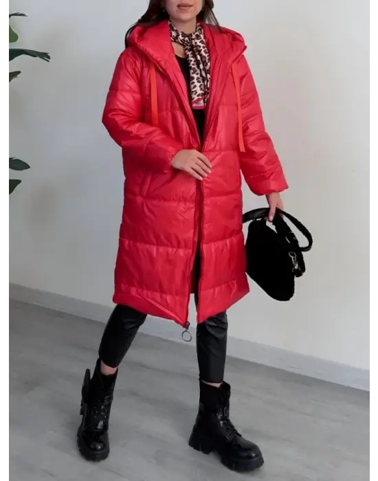 Kapşonlu Bağcık Detaylı Fermuarlı Şişme Mont -Kırmızı