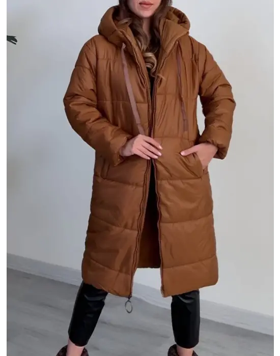 Omarı Şık Kapşonlu Fermuarlı Şişme Mont - Taba