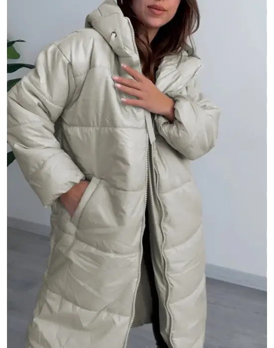 Omarı Şık Kapşonlu Şişme Mont - Taş Rengi