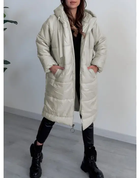 Kapşonlu Bağcık Detaylı Fermuarlı Şişme Mont -Taş